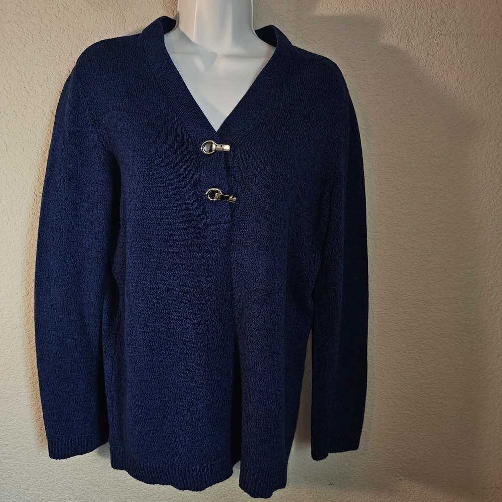 Karen‎ Scott v neck knit women blue metal clasp detail long sleeve 100% cotton